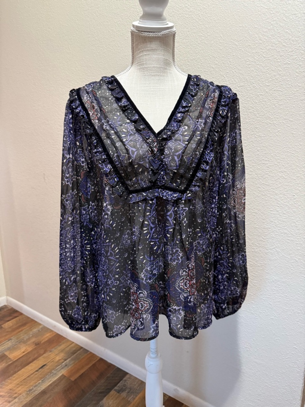 Maurices Black, Purple and Navy Sheer Floral V-Neck Blouse - Size Large - NWT